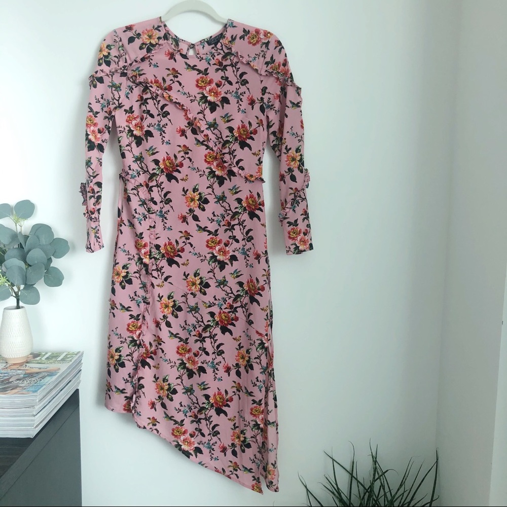 TOPSHOP Floral Pink Romantic Dress Asymmetric US 4